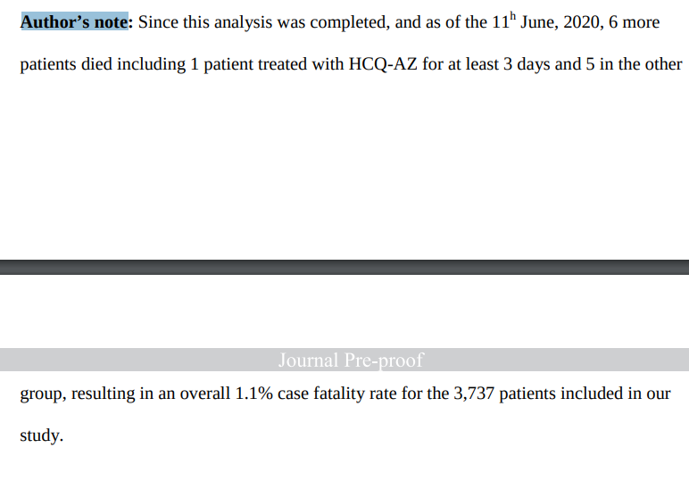 11/Donc tester plus = faire baisser mécaniquement le CFRQuel est le CFR de l'IHU ? 41 patients sont morts (35 pendant l'étude + 6 après l'étude, author's note)- CFR IHU : 1,1% (41/3737)- CFR IHU > 60 ans : 5,8% (41/702)En effet, l'IHU n'a que des morts > 60 ans