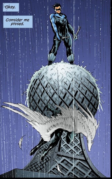 Nightwing by  @PeterJTomasi Day 6: Issue #145; art by  @RagsMorales Nightwing continues to clash with Talia, the bird people (created by Talia's mad scientist), and prepares his final assault. I like this shot cause NW looks cool in the rain after winning a fight.