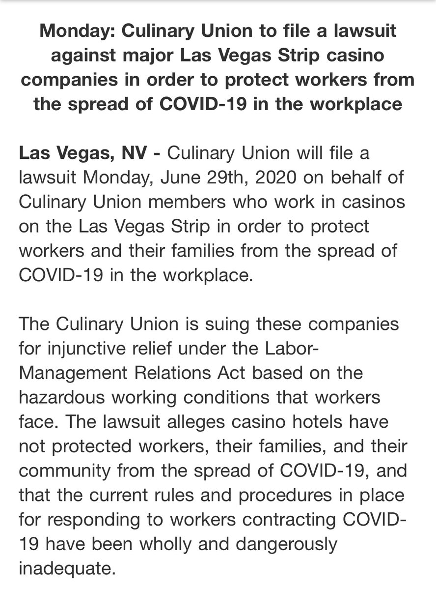 Culinary union says it will sue major casino companies for not protecting workers from COVID-19.