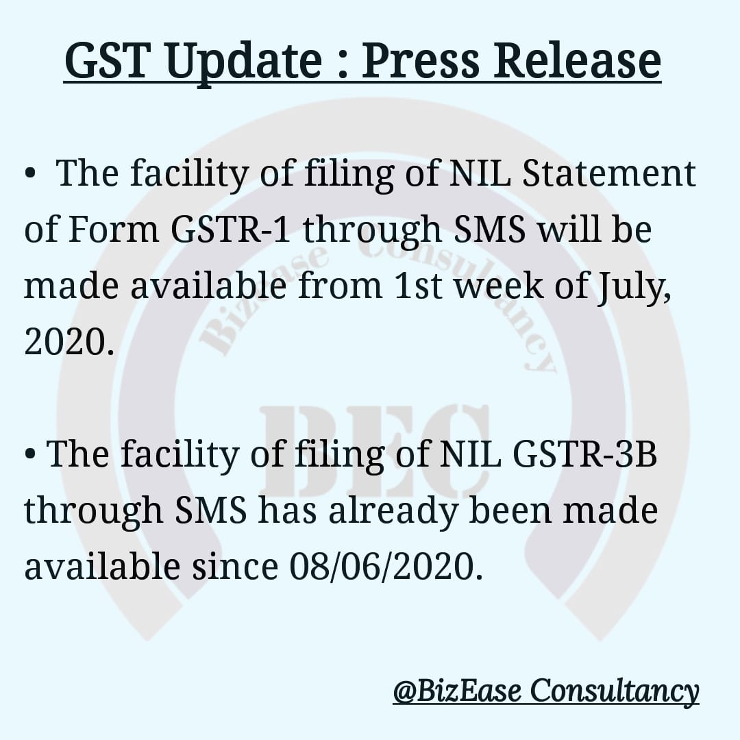 bizease_co's tweet photo. For ease of compliance, Govt has issued a PR on 27/06/2020 regarding facility of filing of Nil statement of GSTR-1 through SMS. 

For more info mail us at:- bizeaseconsultancy@gmail.com

#UPDATE #GSTUpdates #GSTR1 #CBIC #IndirectTax #compliance #finance #Covid_19 #qualitymatters https://t.co/3Bw7iDx8xu