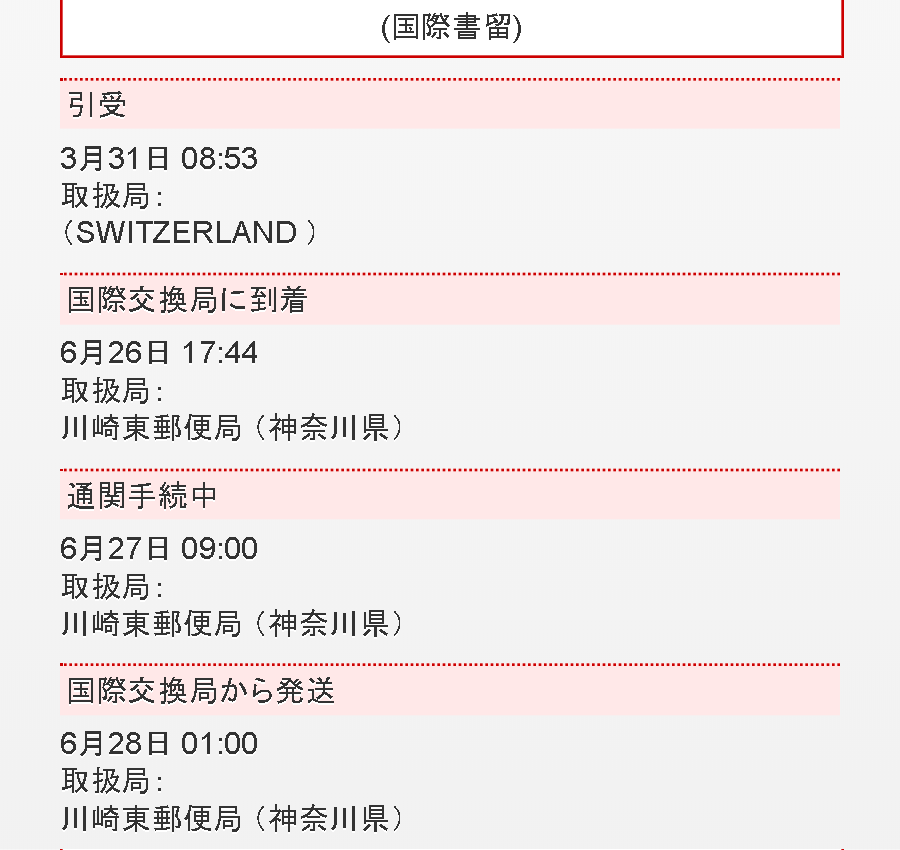 Naruki On Twitter 海外通販でポチったブツが3月末にスイスポストから発送されるもその後音沙汰もなくロストしたかと思ってたら 国際郵便の追跡が更新されていて結構驚いてた 新型コロナの影響とはいえここまで遅く届くのは初めてのパターンだなあ