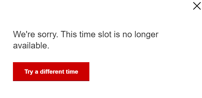 One dozen attempts on the  http://CVS.com  website allowed me to click on an appointment time, enter all my personal information, and then when I click confirm, it tells me the time is no longer available.