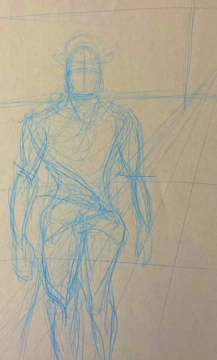 #jojolion Example: gesturing a pose. Start from a good head shape, then just let it flow downward into the pose you want. Raise/lower the hips like shown in the sketch, and it creates the sense of walking. This is also a display of good perspective, which I've outlined as well. 