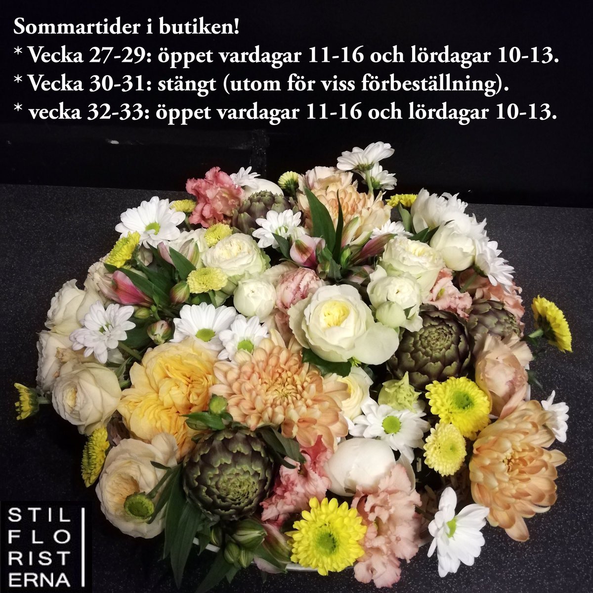 Nu inför vi sommartider i butiken, men har även leveranser innan butiken öppnar, för exempelvis begravning, blomsterbud och prenumerationer :-) #stilfloristerna #sommaröppet
