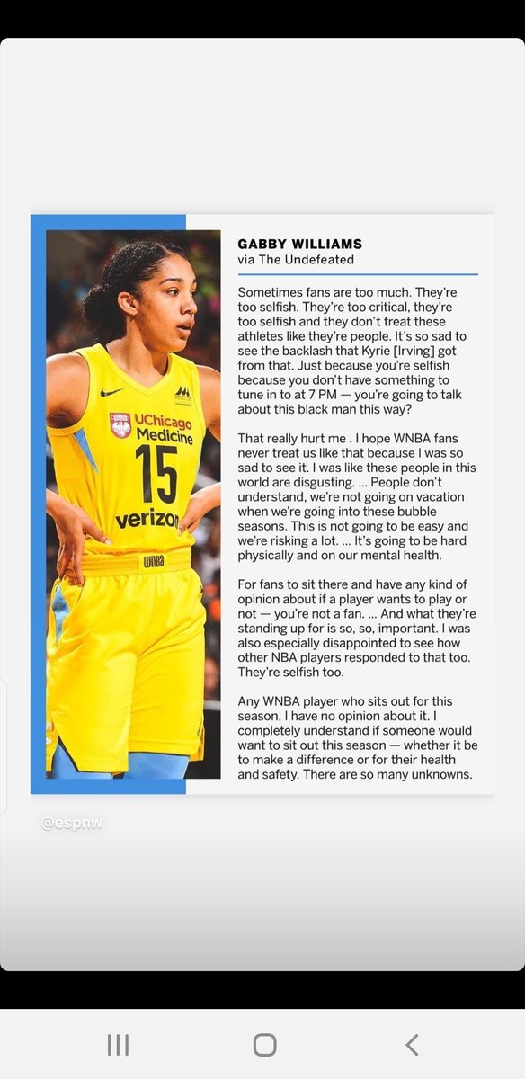 This week, an ENTIRE professional team walked off the job b/c their employer posted anti-Black Lives Matter content. Also, consider Gabby Williams ( @gabbywilliams15) defending Kyrie Irving's decision and work trying to get athletes to sit out to focus on racial justice. 2/X