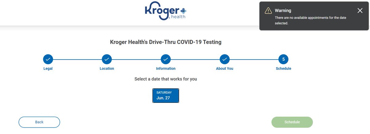 Every single site that asks you to book an appointment makes you enter ALL your demographic and insurance info first, only to tell you that they have no availability. Look at this example from  @kroger.