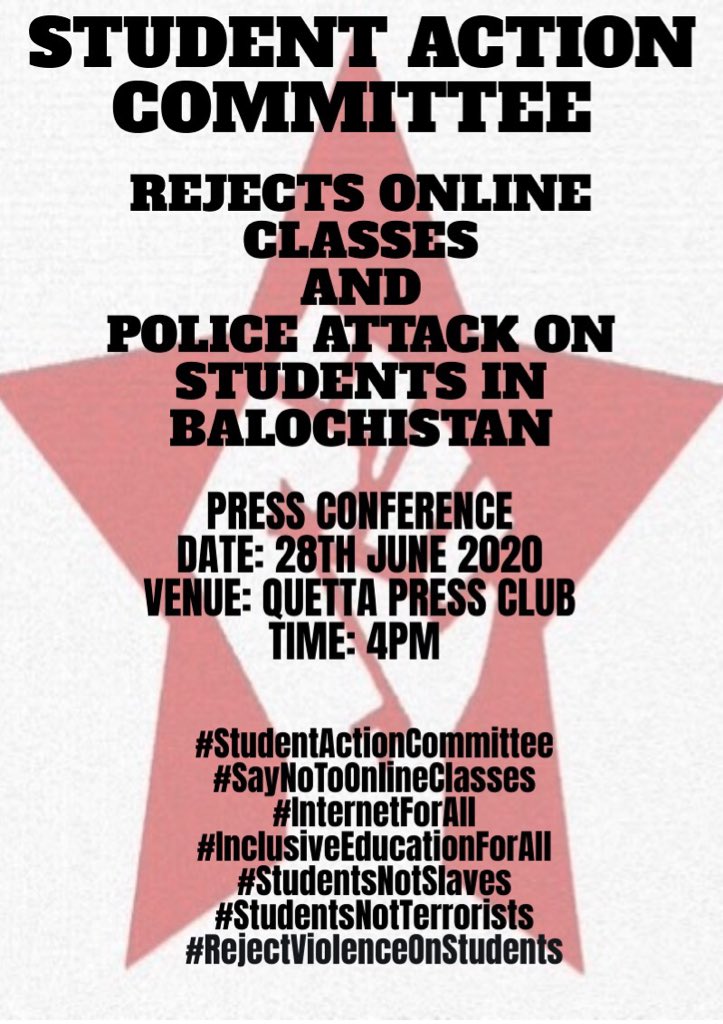 StudentActionC1's tweet photo. SAC has called upon a press conference tomorrow in Quetta.
#StudentActionCommittee
#SayNoToOnlineClasses
#InternetForAll
#InclusiveEducationForAll
#StudentsNotSlaves
#StudentsNotTerrorists
#RejectViolenceOnStudents https://t.co/DJGz76lG7P