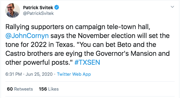 I hear the dog whistle again. This time against Hispanic Texans. When will  @JohnCornyn learn? I encourage every Democrat to join me in condemning John Cornyn’s race baiting. (1/?)...