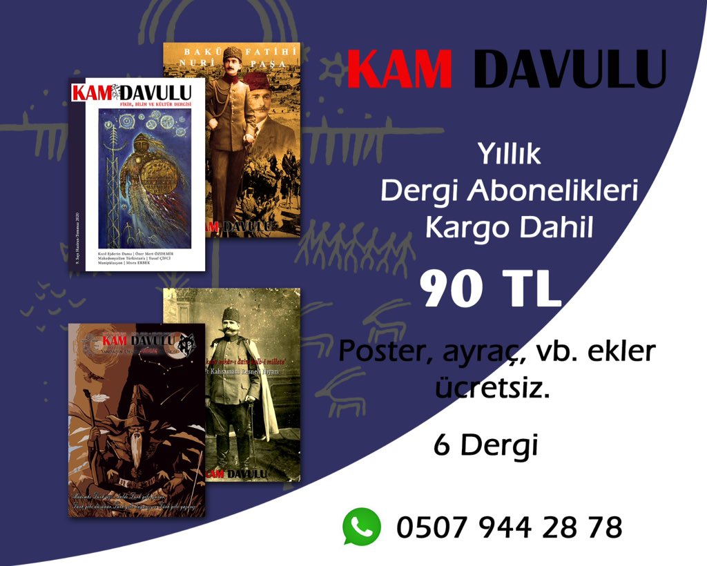 📌KAMPANYA

Yıllık dergi abonelikleri kargo dahil 90 tl. Edinebilmek için mesaj atabilirsiniz. 
#Dergi #KamDavulu #TürkçüTurancıDergi