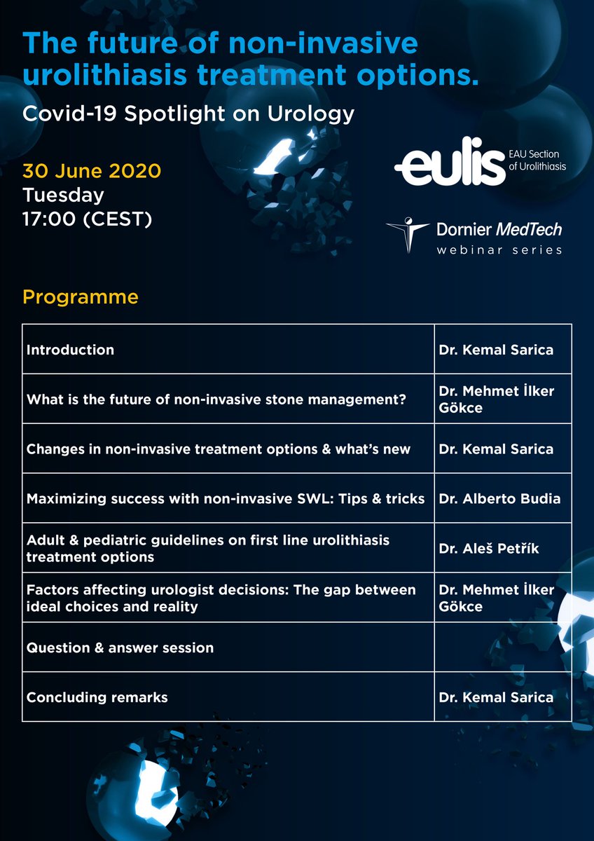 Mehmet Ilker Gökce (@migokce) on Twitter photo 🔘Webinar on non invasive treatment options for urolithiasis with contribution of <a href="/eulis_uroweb/">European Section of Urolithiasis - EULIS</a> & <a href="/DornierMedTech/">Dornier MedTech</a>
🔘 The future of urolithiasis treatment following COVID-19
🔘June 30th
🔘5PM CET
🔘sign up 👉 dornier.zoom.us/webinar/regist…
<a href="/drkemalsarica/">Kemal Sarıca</a> <a href="/albertobudiaalb/">alberto budia alba</a> <a href="/ales_petrik/">Aleš Petřík</a> 🔘Webinar on non invasive treatment options for urolithiasis with contribution of <a href="/eulis_uroweb/">European Section of Urolithiasis - EULIS</a> & <a href="/DornierMedTech/">Dornier MedTech</a>
🔘 The future of urolithiasis treatment following COVID-19
🔘June 30th
🔘5PM CET
🔘sign up 👉 dornier.zoom.us/webinar/regist…
<a href="/drkemalsarica/">Kemal Sarıca</a> <a href="/albertobudiaalb/">alberto budia alba</a> <a href="/ales_petrik/">Aleš Petřík</a>