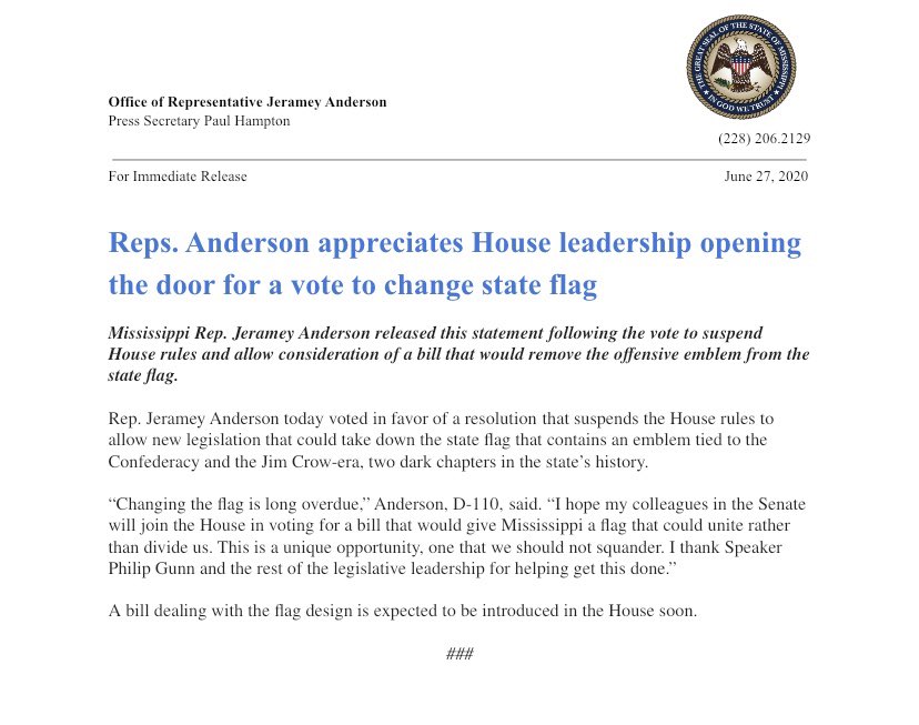 jerameyanderson's tweet photo. House just passed a resolution to change the state flag.  See my statement following the vote to suspend House rules and allow consideration of a bill that would remove the offensive emblem from the state flag. https://t.co/iWrQ4r9phR