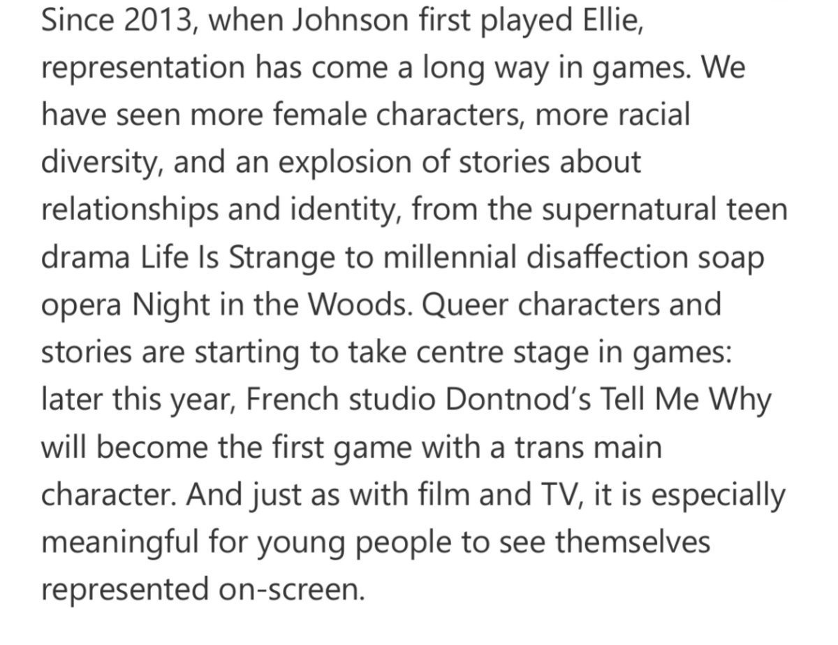 Super glad to hear we're about to get the first trans character in a video game!!! And so soon after the first lesbian main character (Ellie Last)