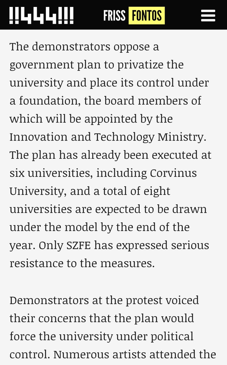 Following a model already imposed on 6 other universities,  #Hungary's govt plans to privatise SZFE and place it under the control of a foundation with a govt-appointed board. Most of the board members named so far for these foundations are Orbán ministers or Fidesz MPs and mayors