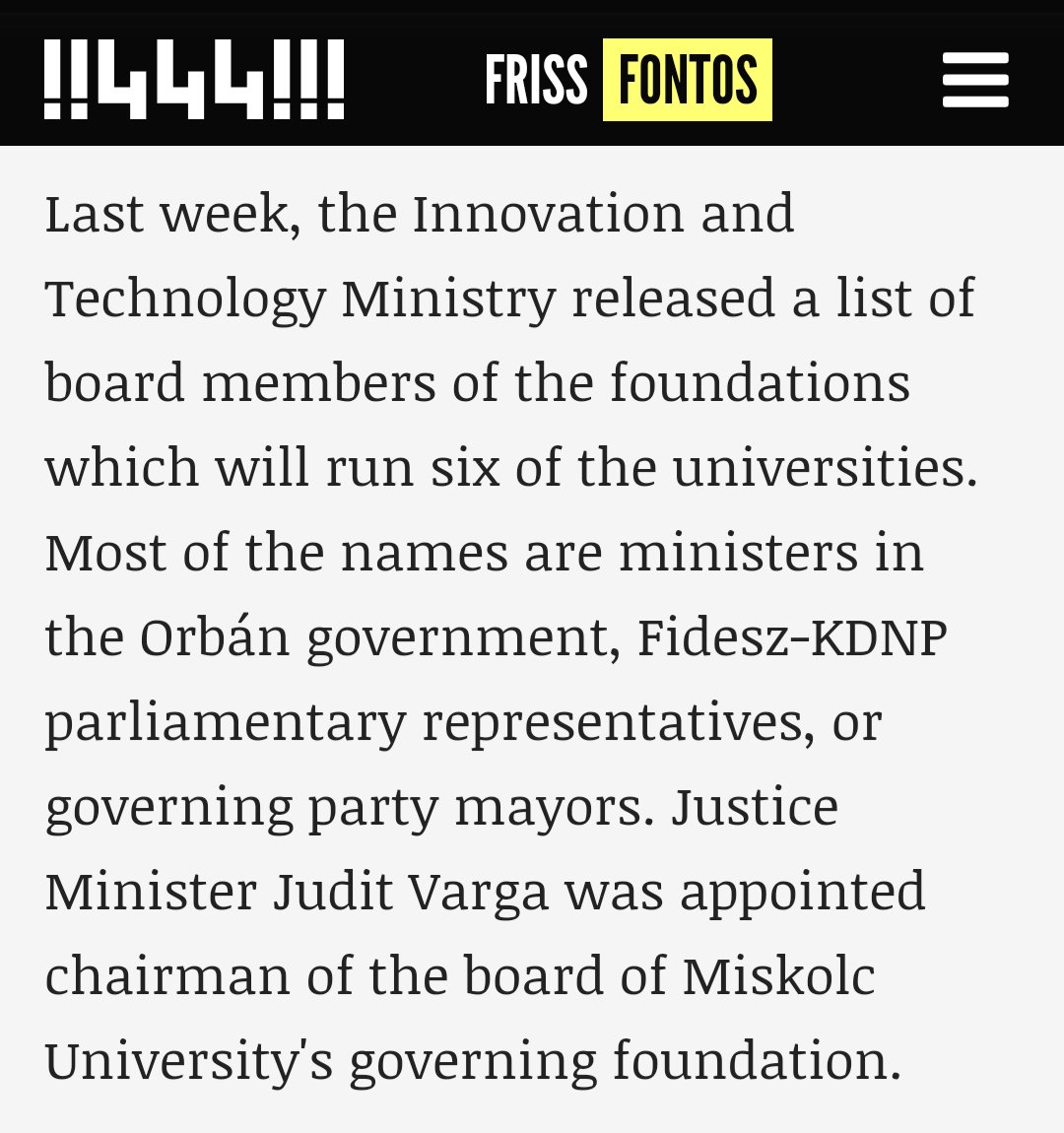 Following a model already imposed on 6 other universities,  #Hungary's govt plans to privatise SZFE and place it under the control of a foundation with a govt-appointed board. Most of the board members named so far for these foundations are Orbán ministers or Fidesz MPs and mayors