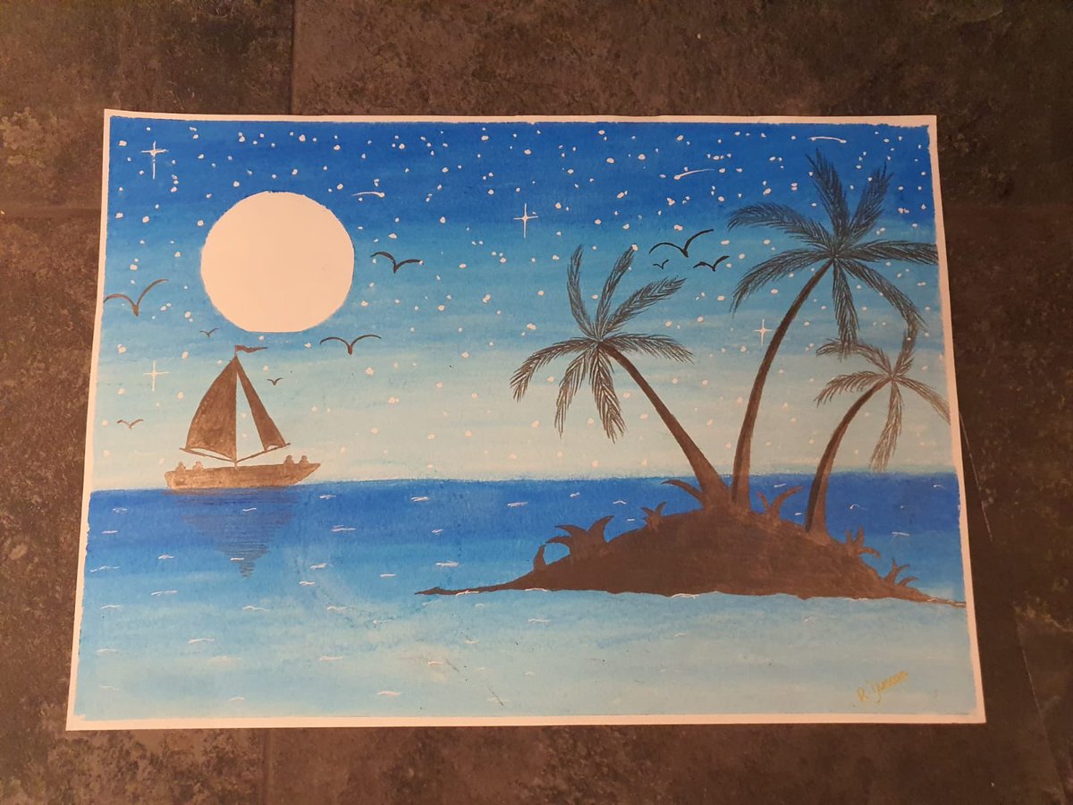 RebeccasArt20's tweet photo. A Yacht Shilloette at Night 🏖🌒    #art #oilpastels #nightsky #yacht #moon #stars #palmtrees #tropical #drawingoftheday #artistsontwitter #draw #beginnerart #lockdown #LearningNeverStops https://t.co/hfJFHMWNc2