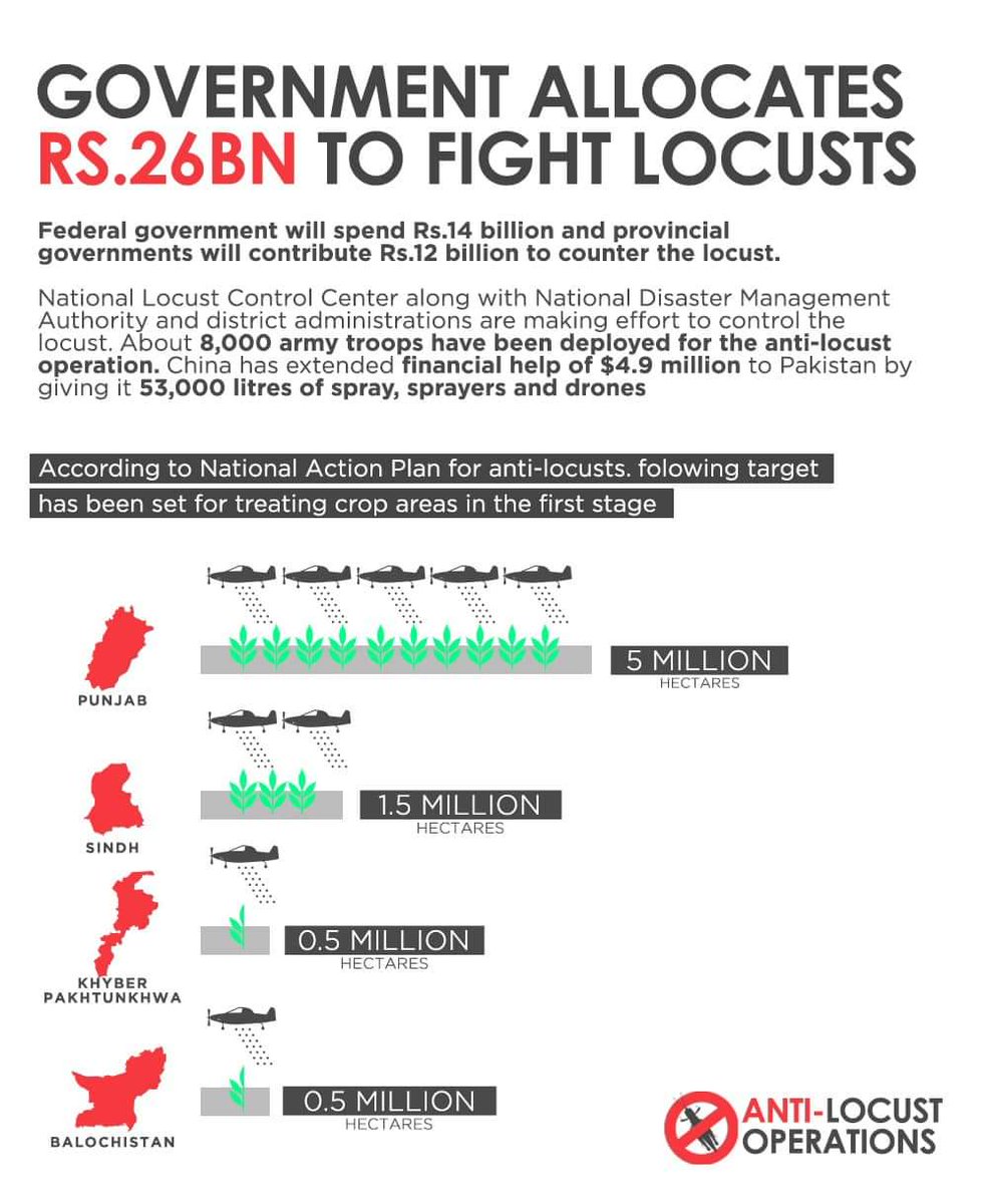Pakistan has allocated 26 Billion Rs to fight  #Locust threatPhase 1: Crop Area TreatmentTargets set by Federal Govt:Punjab = 5 Million HactersSindh = 1.5 Million HaKP = 0.5 Million HaBalochistan = 0.5 Million Ha #LocustUpdate  #PunjabLocustUpdate