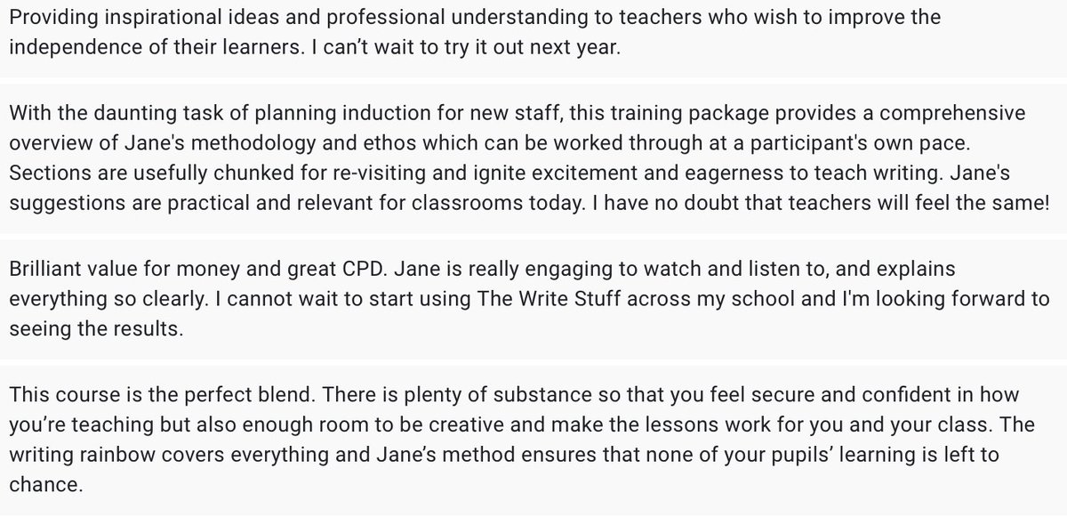 janeconsidine's tweet photo. My brand new online in-depth course on the teaching of writing goes live @ 11am Sunday 28th June. If you want to become a better teacher of writing, hop over to my website to learn more. https://t.co/XSRLqGB27C Check out the early reviews below. #TheWriteStuffOnline #TeacherSquad https://t.co/brMNz3m43C
