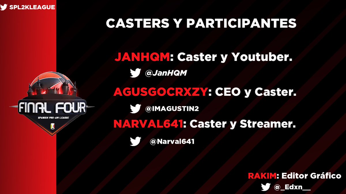 2kFrostLeague's tweet photo. 🔴 TODO LISTO
Aquí tenemos a todos nuestros participantes, para la transmisión de la Final Four 😍.
De la mano de @_Edxn__ todo el apartado gráfico, además grandes diseños de equipaciones y más, todo un artista🔝.
#F4SPL
#F4SPLGLORY https://t.co/04SK8SOsXC