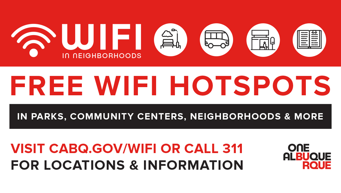 cabq's tweet photo. Did you know there are free WiFi hotspots available throughout Albuquerque? Present locations include areas like libraries &amp; community centers. Stay tuned for more places to connect on the go. Visit https://t.co/LpDr7evKle for a list of locations, a map, &amp; more! #OneAlbuquerque https://t.co/lFRFFAxFLK