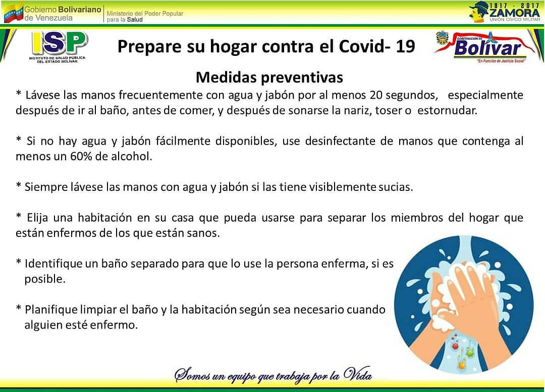 Prepare su hogar contra el Covid-19 con las siguientes medidas preventivas.
<a href="/NicolasMaduro/">Nicolás Maduro</a> @GobJustoNoguera <a href="/MinSaludVE/">MPPSalud</a> <a href="/AlvaradoC_Salud/">Carlos Humberto Alvarado González</a> <a href="/sec_gob/">secretaria de Gobierno 2</a> @PrensabolivarG