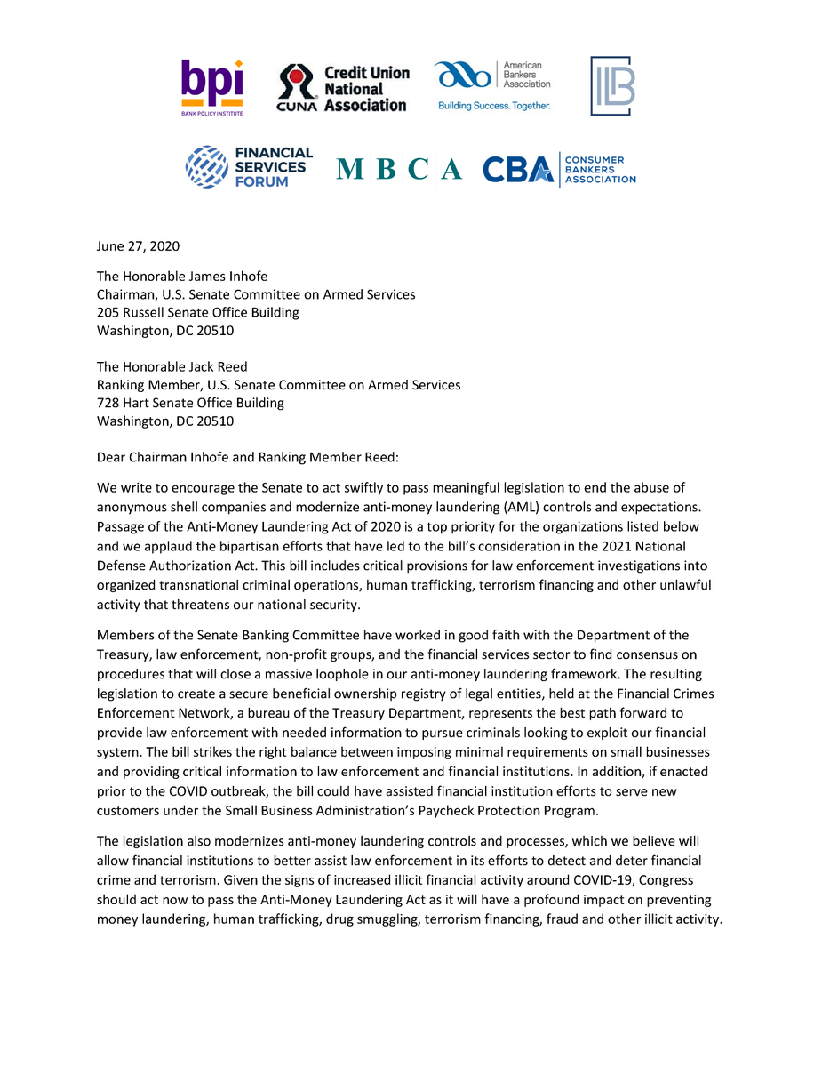 bankpolicy's tweet photo. BPI and a coalition of associations representing banks & credit unions submitted a letter to the Senate Committee on Armed Services Chairman @JimInhofe and Ranking Member @SenJackReed calling for swift passage of legislation to #EndAnonymousShellCompanies. https://t.co/2UG41cmxrH https://t.co/Vd69NcAzoC
