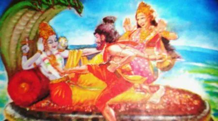 Bhrigu reached Vaikunta, abode of Lord Mahavishnu. He was lying upon the snake Ananda. He pretended not seeing Bhrigu and continued talking to Laxmi. Enraged Bhrigu put his foot on the chest of Vishnu. Lord got up calmly and fell on the feet of Brighu.