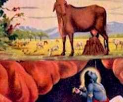 Parvati Devi disguised as a cow heardess and sold the cow and calf to the king of Chola. Lord Brahma and Vishnu disguised as cow and calf gazed along with other herds. They would ooze milk every day on the termitary. One day the grazier saw this and reported to the king.