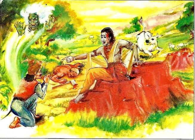 Next day king Chola hid near the termitary. The cow oozed milk. When the cattle sheperd strikes the coz with an axe, Vishnu was trying to come out. He was hurt on the face. The shepherd fell unconcious. The king ran to him and begged for mercy. Vishnu cursed him to become a devil