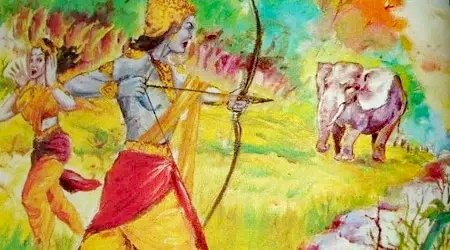 Since the child was found in a padmam ( lotus ), she was named Padmavati. Srinivasa went for hunting. He sees an elephant chasing a young woman. At once he sent an arrow at the elephant and killed it. He rescued Padmavati from danger.
