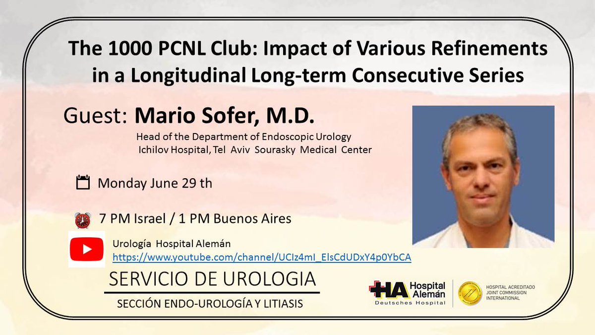 PabloNContreras's tweet photo. On Monday, Mario Sofer @mario_sofer will be speaking about "Tips and Tricks for PCNL" in our Grand Round. Live on YouTube
https://t.co/pEtu5TIgKR 
@SocArgUrologia @docmeetings  @Endo_Society
@AmerUrological @Uroweb @SIU_urology @ResidentesCAU @UrowebESU @eau_yuo @so_uro #UroSoMe https://t.co/xrLJWAMKKd