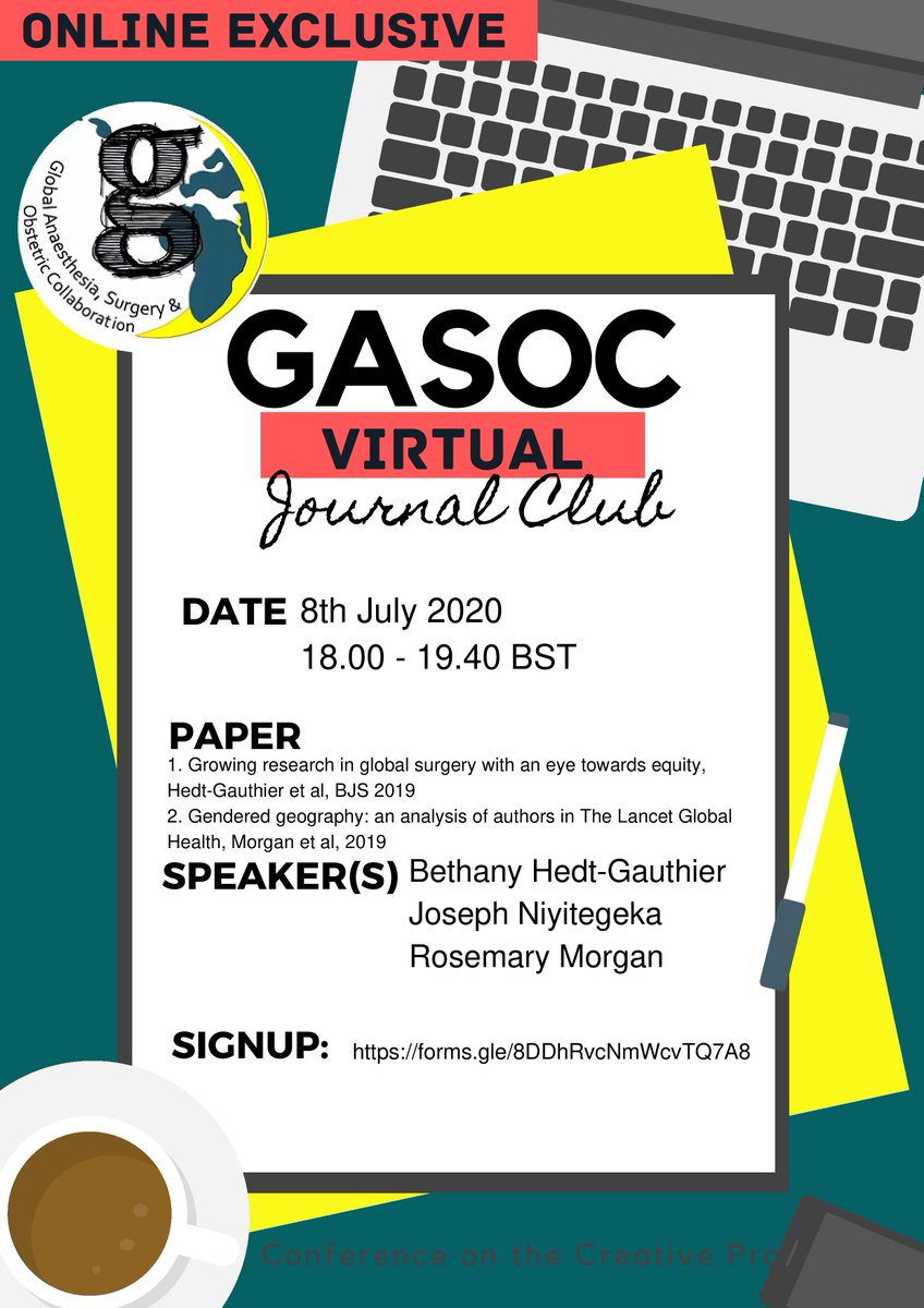 GASOC_2015's tweet photo. 💻Sign up for our upcoming journal club:
8th July 2020

📃Growing research in global surgery with an eye towards equity (https://t.co/qqkLLqT6zl)
AND 
Gendered geography: an analysis of authors in The Lancet Global Health (https://t.co/Of1L3qfSkt)

✍️https://t.co/HoQV61cl6B https://t.co/N9yO91FqGK