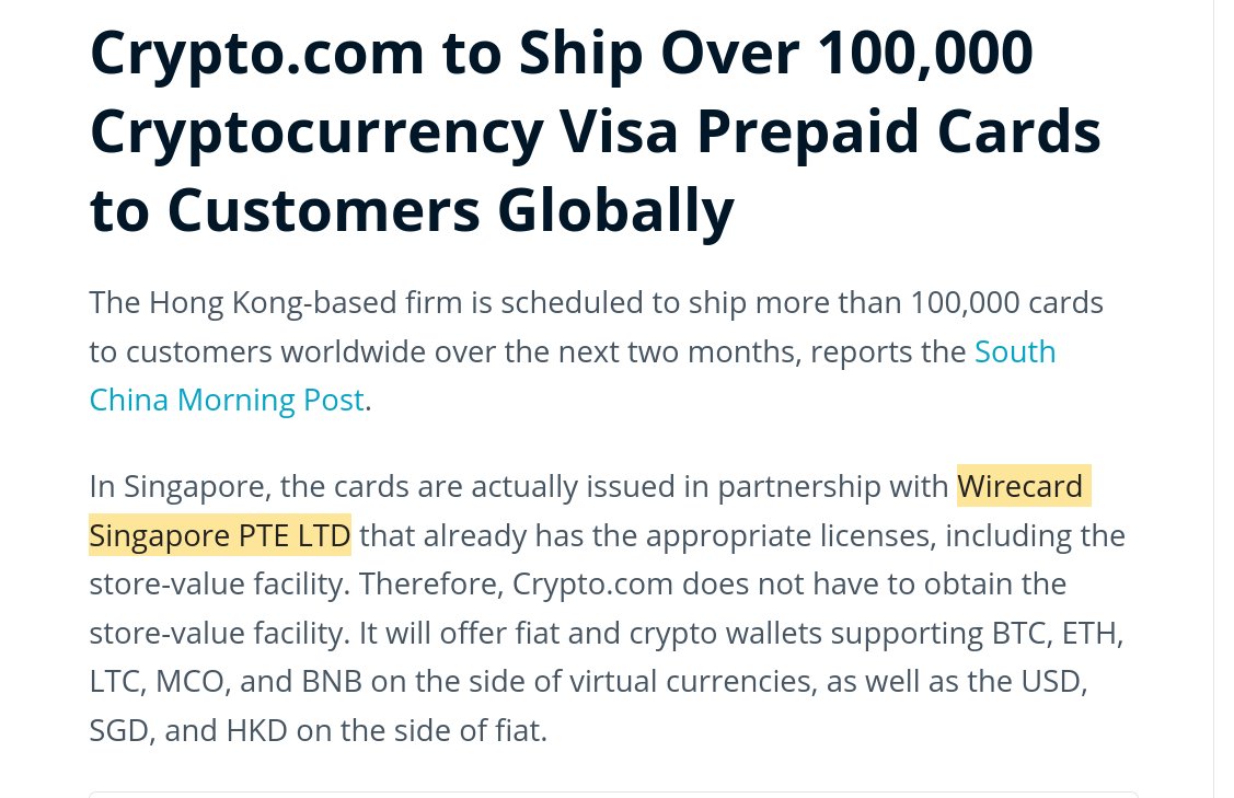 7/ Remember above when we noted that Wirecard was given the clear from Visa to issue cards via Wirecard in *Singapore*? Well that Singaporean branch of Wirecard = Wirecard Singapore PTE LTD(source:  https://www.newsbtc.com/2018/09/06/crypto-com-to-offer-crypto-to-fiat-visa-prepaid-cards-in-singapore-and-hong-kong/)
