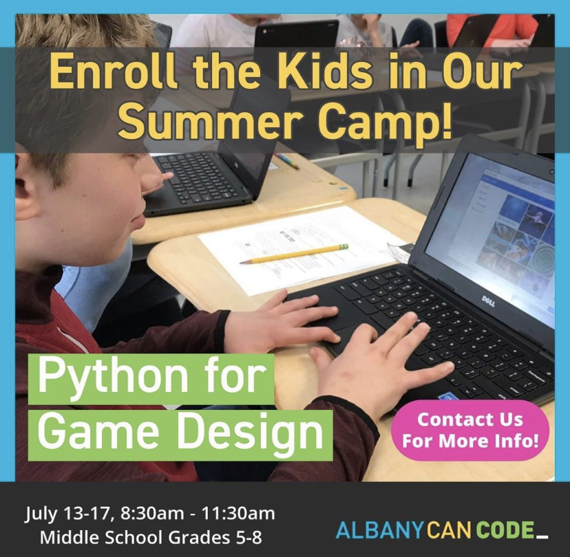 AlbanyCanCode's tweet photo. Ready to sign your kids up for a virtual summer camp? Enroll your middle schooler in our Python for Game Design program!
Email aneesa@albanycancode.org for more information.
#AlbanyCanCode #NYCanCode #codingcamp #summercamp #KingstonCanCode #albanyny #SaratogaCanCode #CanCode https://t.co/gaVAlpGeWu