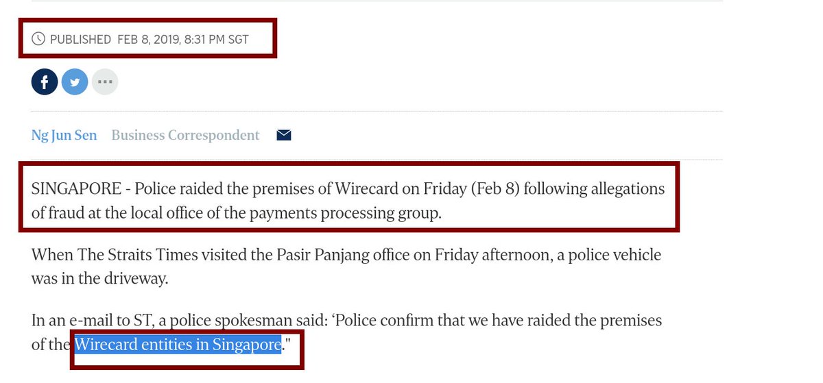 8/ What's troubling about this is that *Wirecard Singapore PTE LTD* had its offices RAIDED by Singaporean authorities in the early 2019, prompted by alleged fraudulent accounting activity related to what FT has been reporting on (reference =  https://www.straitstimes.com/business/police-raid-wirecard-entities-in-singapore-after-reports-of-fraud-allegations-at-payments)