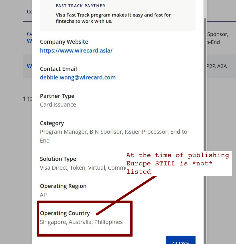 10/ At the end of this winding road - we find that Wirecard was *never cleared to launch cards in the EU* (the specific regions they can be a 'partner' for under Visa's program are pictured below - accessed via Visa's directory on their site)