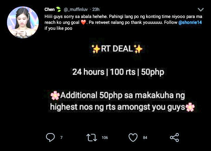 shonrie14's tweet photo. Congrats to all!✨
@vanteberry_ - 196 rts
@jjhhsweetums - 118 rts
@_muffinluv - 106 rts
100 rts done for 50php and additional 50php sa highest rter.✨
ps. akisidenteng nadelete nung highest rter yung kanya but minomonitor ko naman sila timely & may SS naman sya.
DM me your no.✊ https://t.co/6yZx7VB1EA