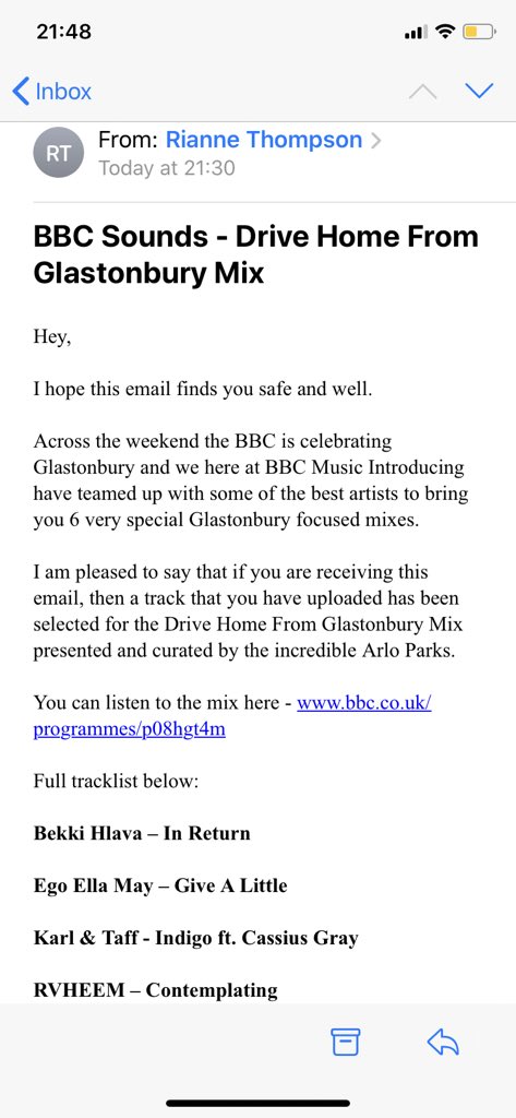 karlntaff's tweet photo. https://t.co/rjbQhPGAib Indigo got picked for the Drive Home from Glastonbury Mix - click the link to hear our tune on BBC Sounds 🔥 https://t.co/SNNfWnD5eV