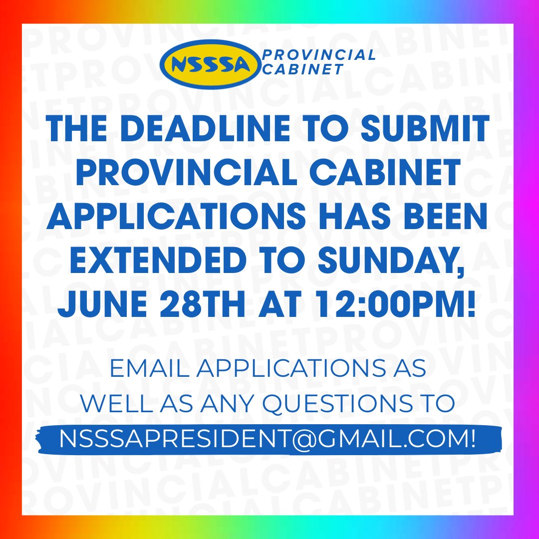 NSSSA's tweet image. PC application deadline has been moved to JUNE 28TH at noon! 🎉Email them (along with any questions) to nsssapresident@gmail.com!