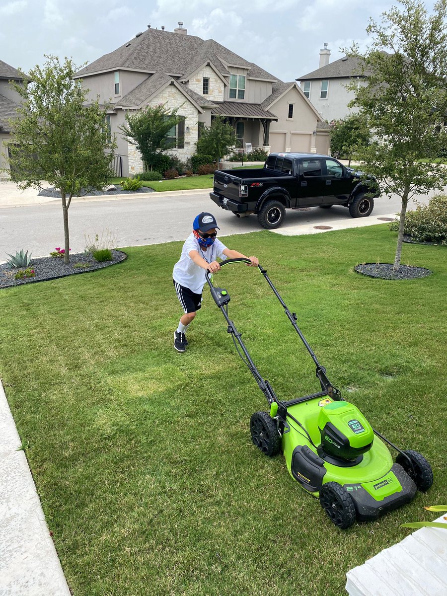 iamrodneysmith's tweet photo. And he’s off! Tristan from Austin,TX mowed his first lawn for Ms. Marissa . 49 to go! You got this ! https://t.co/soSISfSwHK