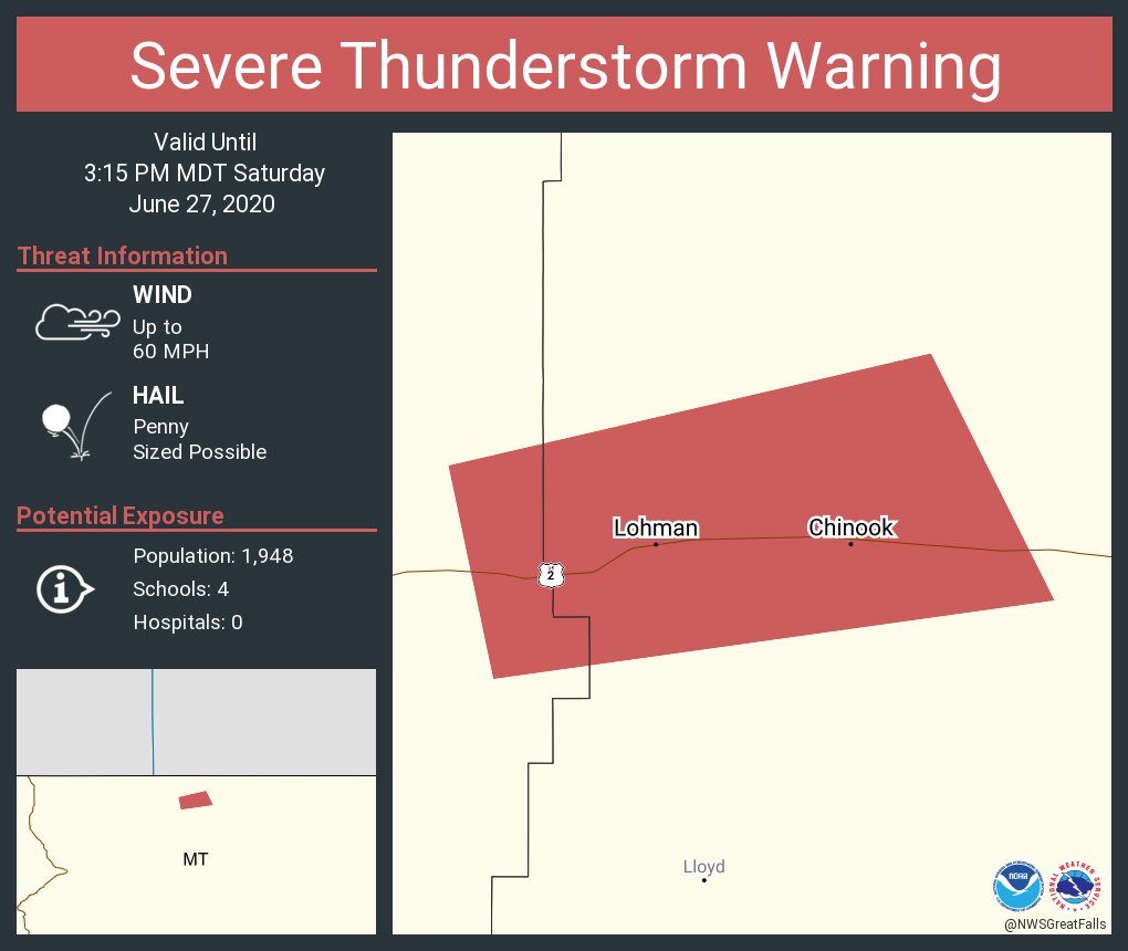 Severe Thunderstorm Warning continues for Chinook MT, Lohman MT until 315 PM MDT NWS Great