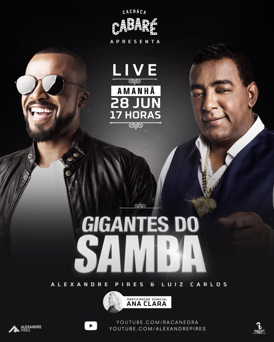 FDS finalmente!! Pessoal, É AMANHÃ 🤗. Já estão nos preparativos para a #LiveGigantesDoSamba? Afastaram o sofá da sala? Ah, domingo teremos a participação da <a href="/anaclara/">Ana Clara</a>. Não percam! Às 17h no Youtube. #RacaNegra #AlexandrePires #InfinitMusic #CachacaCabare
