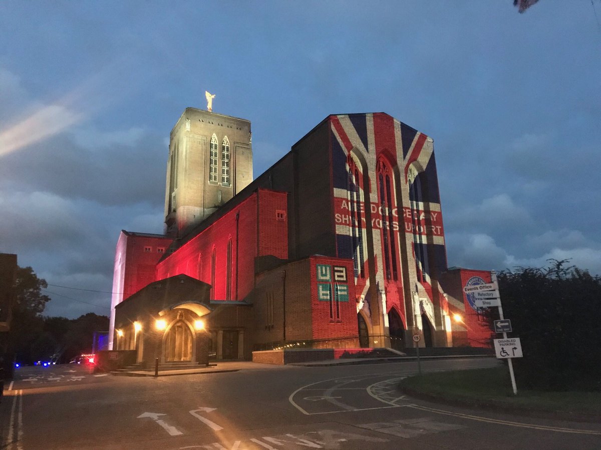 Guildford Cathedral lights up  red, white & blue in support of  our Forces.#ArmedForcesDay2020#supportourforces#surreymilitary