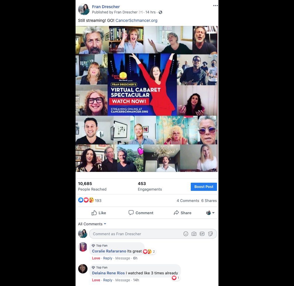 frandrescher's tweet image. Want to know what everyone is talking about? Watch #FranDreschersVirtualCabaretSpectacular now at CancerSchmancer.org! #EncoreWeekend