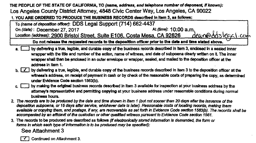 On December 1, 2017—just over two weeks before Wade's case was tossed by the judge—Finaldi's firm fired off three sweeping subpoenas, requesting any and all records relating to the 1993-1994 Chandler investigation.The subpoenas were issued to Santa Barbara DA, LA DA and LAPD.