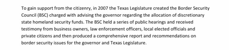 The Border Security Council (BSC) was a lobbying group originating in Texas which used discretionary funds from DHS (including for the protection of US food supplies...?) to come up with policy recommendations for addressing the threat of drug cartels in TX.