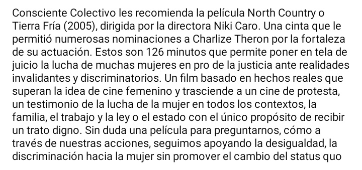 conscientecltvo's tweet photo. #ConscienteColectivo #cine #pelicula #recomendación #mujeres #violenciahacialamujer #violenciadegenero #nomásviolencia #igualdad #lucha #respeto #resistencia #justicia #psicología #psicologíayarte  #saludmental #aprendeencasa #pideayuda #noestássola #niunamenos #northcountry https://t.co/FqpuiATi3m