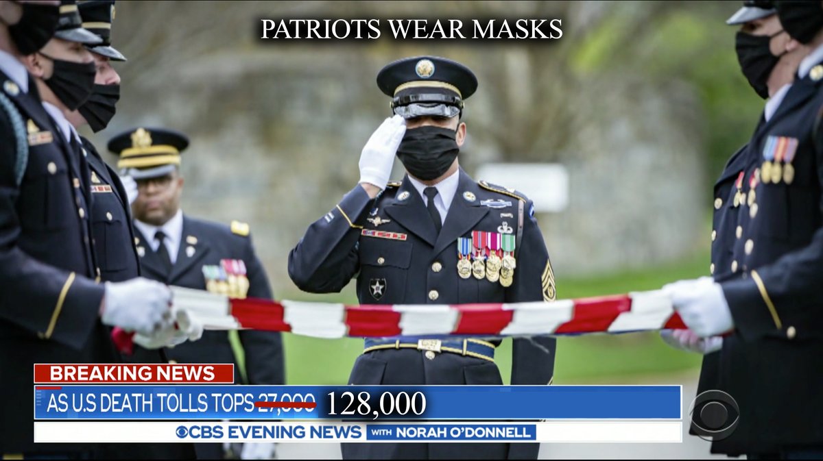 rolandogomez's tweet photo. These soldiers took an oath to protect the Constitution and the "red," white, and "blue" — “the colors” for your rights, and if they can wear a mask, so can you. Stay safe and God Bless you and God Bless America!  #patriotswearmasks @CBSNews https://t.co/Fel7HXWv0w
