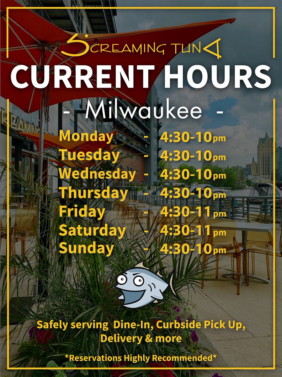 An update on dining at Screaming Tuna:

The City of Milwaukee is moving towards a 50% capacity allowance for bars &amp; restaurants on Wednesday, however we will not be joining them. While we do miss the good ol' days ... 
facebook.com/14734399532267…
