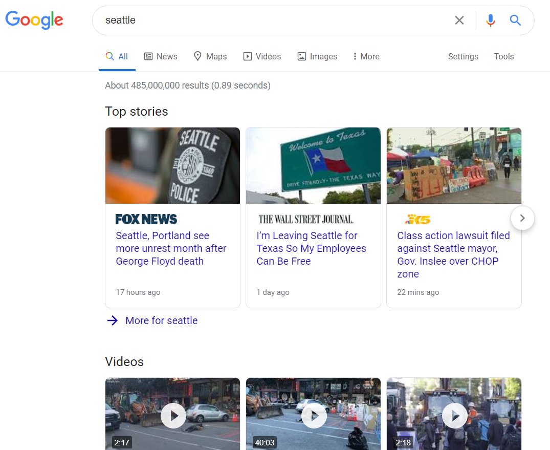 A search for "Seattle" is a superb example of how Google's algorithm works right now.- Does the most relevant content rank? No.- The most well-linked-to? No.- The best optimized? No.- The most useful? No.Google is ranking the most "engaging" content. More details... /1