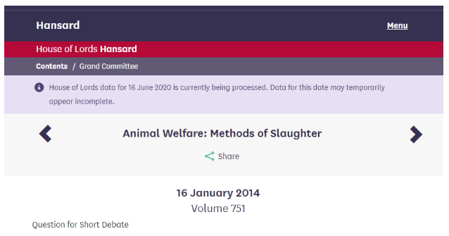 The Gibson/Johnson articles were cited in debate in the House of Lords Grand Committee… https://hansard.parliament.uk/Lords/2014-01-16/debates/14011665000550/AnimalWelfareMethodsOfSlaughter#contribution-1401166500009430.